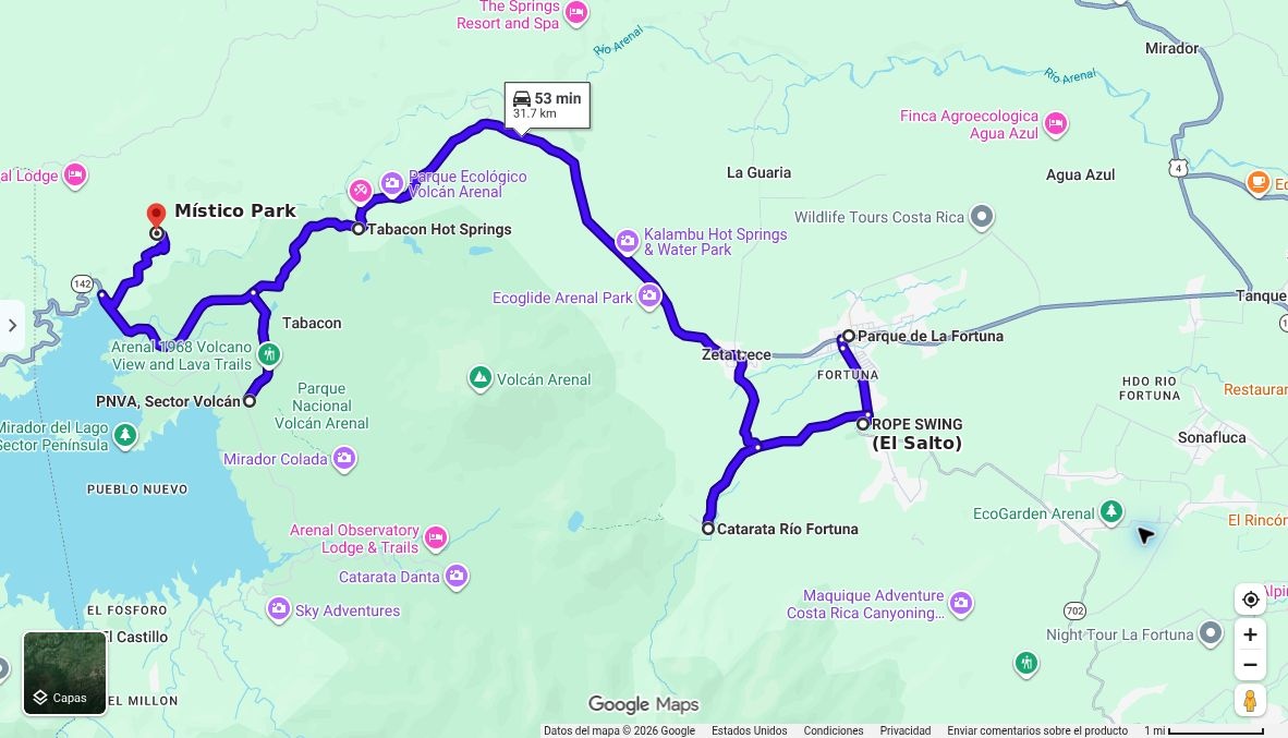 Google Maps orientation map showing La Fortuna central park, El Salto, La Fortuna Waterfall, Tabacón Hot Springs, Arenal National Park entrance and Místico Park